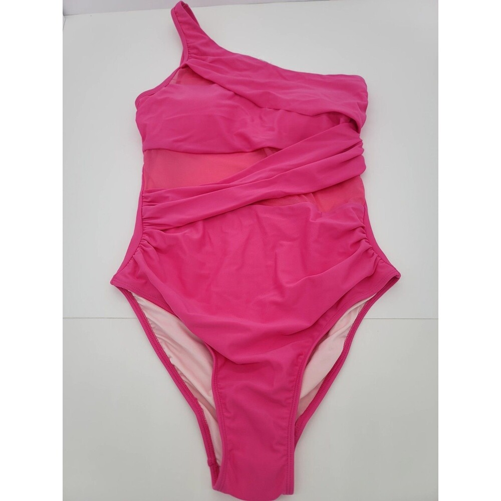 NWT Cupshe Womens One Shoulder Hot Pink Swimsuit Sheer Size M Tummy Countouring